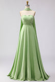 Green White Dot A Line Strapless Pleated Convertible Long Bridesmaid Dress