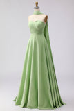 Green White Dot A Line Strapless Pleated Convertible Long Bridesmaid Dress