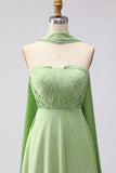 Green White Dot A Line Strapless Pleated Convertible Long Bridesmaid Dress