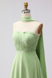 Green White Dot A Line Strapless Pleated Convertible Long Bridesmaid Dress