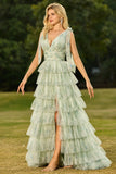 Green A-Line Tiered Ruffle Floral Long Tulle Prom Dress with Slit