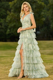 Green A-Line Tiered Ruffle Floral Long Tulle Prom Dress with Slit