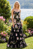 Black Pink Flower Mermaid Ruffled Long Plus Size Prom Dress with Lace Up Back