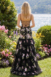 Black Pink Flower Mermaid Ruffled Long Plus Size Prom Dress with Lace Up Back