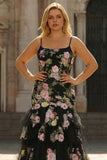 Black Pink Flower Mermaid Ruffled Long Plus Size Prom Dress with Lace Up Back