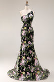 Black One-Shoulder Floral Mermaid Long Prom Dress with Train