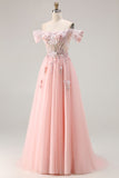Pink A Line Off the Shoulder Beaded Sheer Corset Long Prom Dress with Sequins
