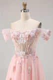 Pink A Line Off the Shoulder Beaded Sheer Corset Long Prom Dress with Sequins