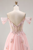 Pink A Line Off the Shoulder Beaded Sheer Corset Long Prom Dress with Sequins
