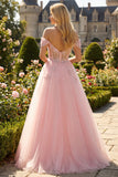 Pink A Line Off the Shoulder Beaded Sheer Corset Long Prom Dress with Sequins
