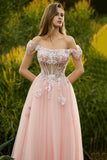 Pink A Line Beaded Off the Shoulder Sheer Corset Long Prom Dress with Sequins