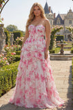White Fuchsia Flower Strapless Pleated A-Line Long Prom Dress with Ruffles