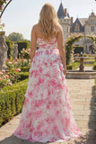 White Fuchsia Flower Strapless Pleated A-Line Long Prom Dress with Ruffles