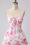 White Fuchsia Flower Strapless Pleated A-Line Long Prom Dress with Ruffles