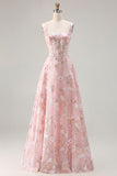 Pink Corset Sequin A Line Floral Long Prom Dress with Embroidery