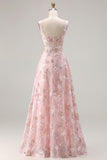 Pink Corset A Line Embroidered Long Floral Prom Dress with Sequins