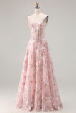 Pink Corset Sequin A Line Floral Long Prom Dress with Embroidery