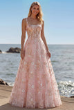 Pink Corset Sequin A Line Floral Long Prom Dress with Embroidery
