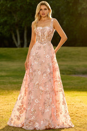 Pink Corset A Line Embroidered Long Floral Prom Dress with Sequins