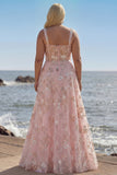 Pink Corset Sequin A Line Floral Long Prom Dress with Embroidery