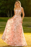 Pink Corset A Line Embroidered Long Floral Prom Dress with Sequins
