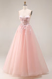 Blush Appliqued A-Line Tulle Corset Spaghetti Straps Long Prom Dress