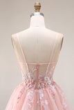 Blush Appliqued A-Line Tulle Corset Spaghetti Straps Long Prom Dress