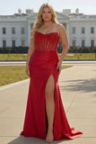 Red Strapless Mermaid Corset Beaded Ruched Satin Long Prom Dress with Slit