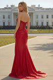 Red Strapless Mermaid Corset Beaded Ruched Satin Long Prom Dress with Slit