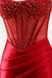 Red Strapless Mermaid Corset Beaded Ruched Satin Long Prom Dress with Slit