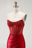 Red Strapless Mermaid Corset Beaded Ruched Satin Long Prom Dress with Slit