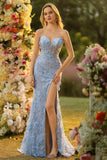 Blue Mermaid Strapless Corset 3D Flowers Sequin Long Prom Dress with Slit