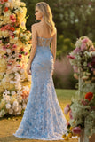 Blue Mermaid Strapless Corset 3D Flowers Sequin Long Prom Dress with Slit