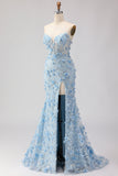 Blue Mermaid Strapless Corset 3D Flowers Sequin Long Prom Dress with Slit