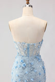 Blue Mermaid Strapless Corset 3D Flowers Sequin Long Prom Dress with Slit