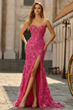 Fuchsia Mermaid Corset Strapless 3D Flowers Sequin Long Prom Dress with Slit