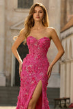 Fuchsia Mermaid Corset Strapless 3D Flowers Sequin Long Prom Dress with Slit