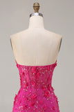 Fuchsia Mermaid Strapless Corset 3D Flowers Sequin Long Prom Dress With Slit