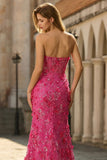 Fuchsia Mermaid Corset Strapless 3D Flowers Sequin Long Prom Dress with Slit