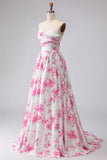 White Fuchsia Flower Printed Strapless Pleated A-Line Prom Dress