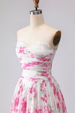 White Fuchsia Flower Printed Strapless Pleated A-Line Prom Dress