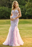 Purple Mermaid Strapless Lace Corset Long Prom Dress with 3D Flowers