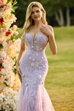 Purple Mermaid Strapless Lace Corset Long Prom Dress with 3D Flowers