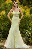 Mermaid Yellow Strapless Corset Lace Long Prom Dress with 3D Flowers