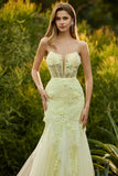 Mermaid Yellow Strapless Corset Lace Long Prom Dress with 3D Flowers