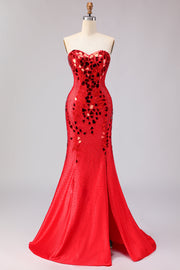 Red Strapless Mermaid Beaded Side Slit Long Prom Dress with Mirror