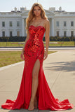 Red Strapless Mermaid Beaded Side Slit Long Prom Dress with Mirror