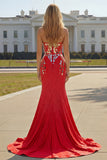 Red Strapless Mermaid Beaded Side Slit Long Prom Dress with Mirror