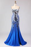 Red Strapless Mermaid Beaded Side Slit Long Prom Dress with Mirror