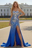 Red Strapless Mermaid Beaded Side Slit Long Prom Dress with Mirror